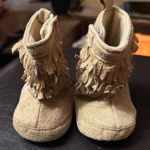 Tan Fringe Kids Boot Moccasins